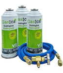 Pack 3 botellas gas refrigerante GASICA V2 - R22 R32 R407 R290 R410A + manguera carga 5/16"x1/4" + válvula
