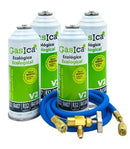 Pack 4 botellas gas refrigerante GASICA V2 - R22-R32-R407-R290-R410A + manguera carga 1/4"x1/4" + válvula
