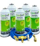 Pack 5 botellas gas refrigerante GASICA V2 - R22 R32 R407 R290 R410A + manguera carga 5/16"x1/4" + válvula