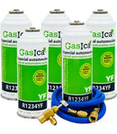 Pack 5 botellas gas refrigerante GASICA YF - R1234yf + manguera carga 1/4"x1/4" + válvula